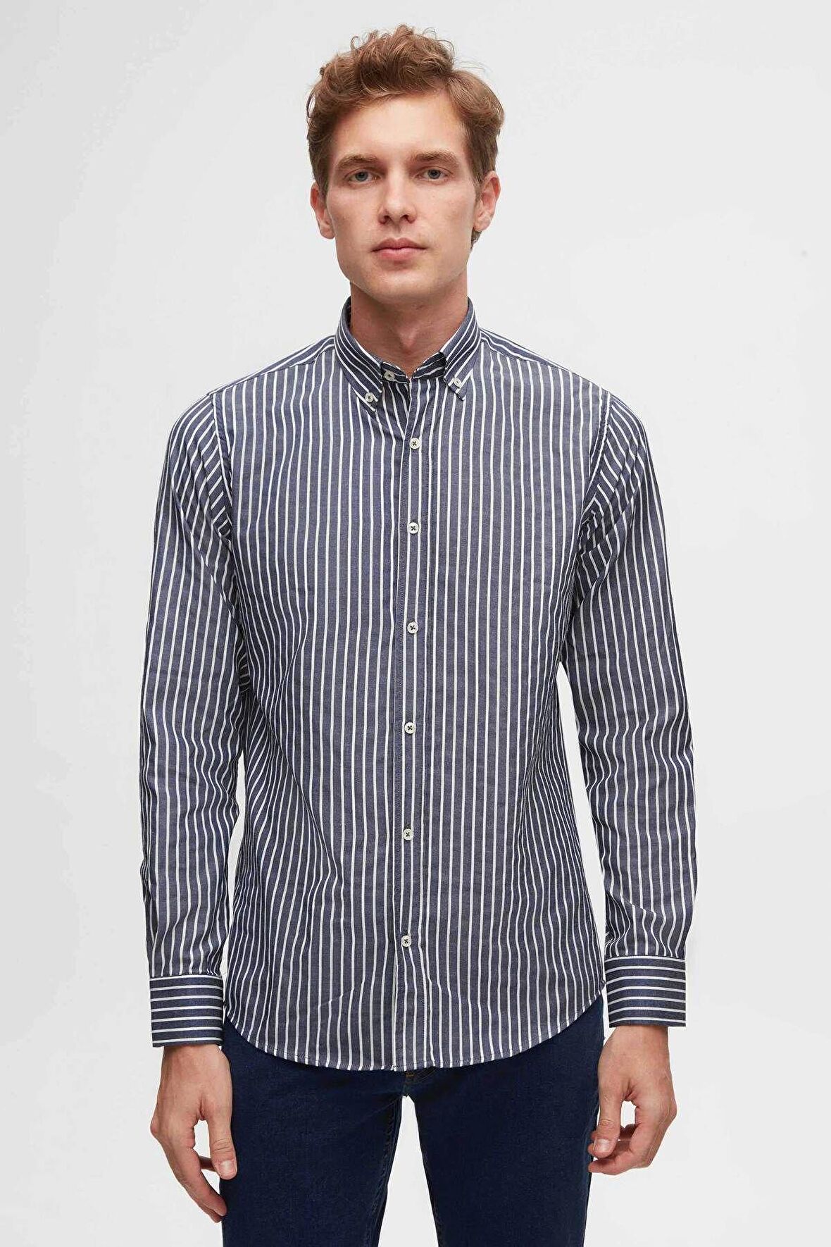 Ds Damat Slim Fit Lacivert Çizgili Gömlek 6HC02ORT10265 6HC02ORT10265