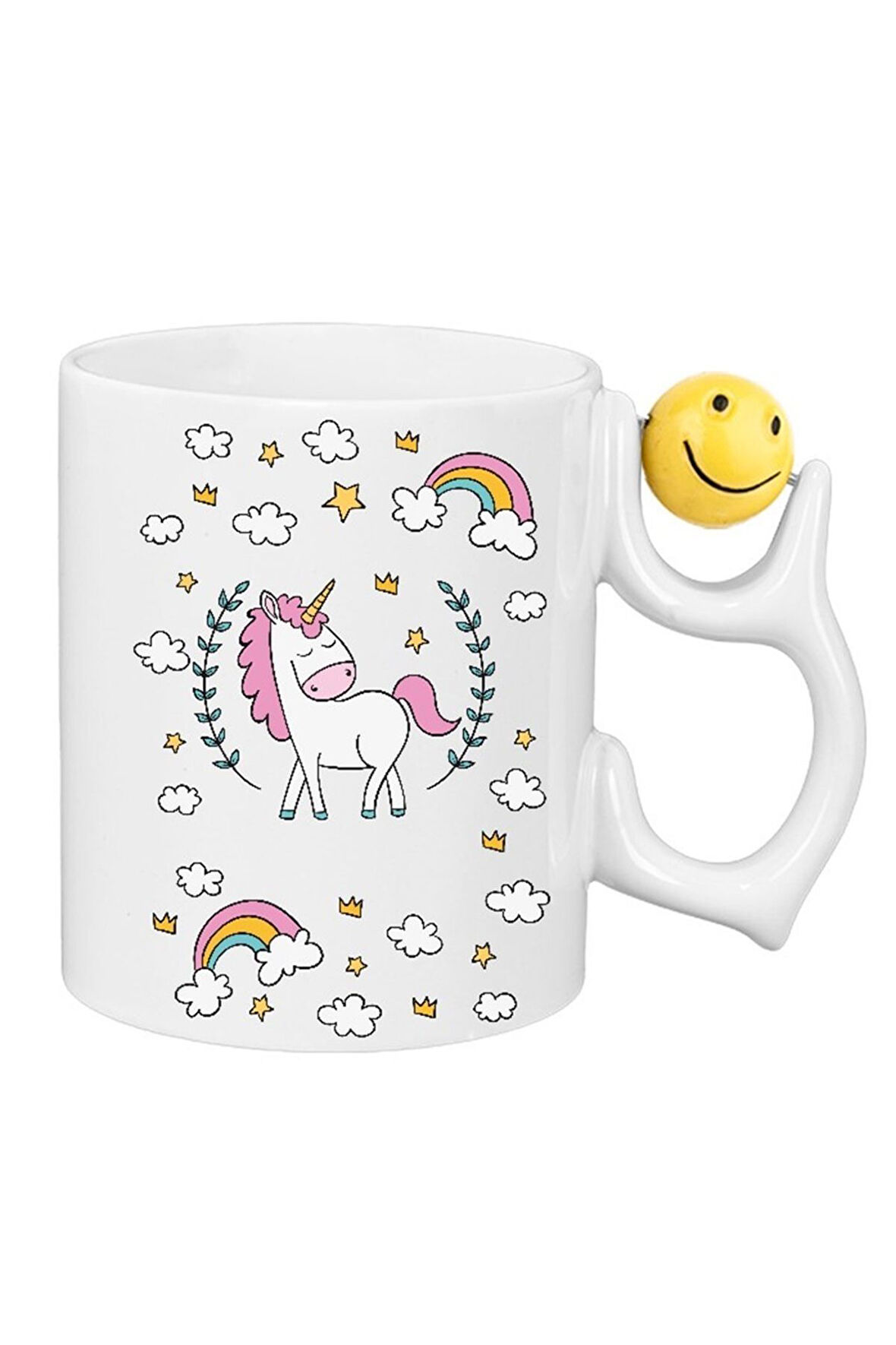 Kişiye Özel Unicorn Gülen Yüz Kulplu Süblimasyon Baskılı Porselen Kupa Bardak 300ml-185ml