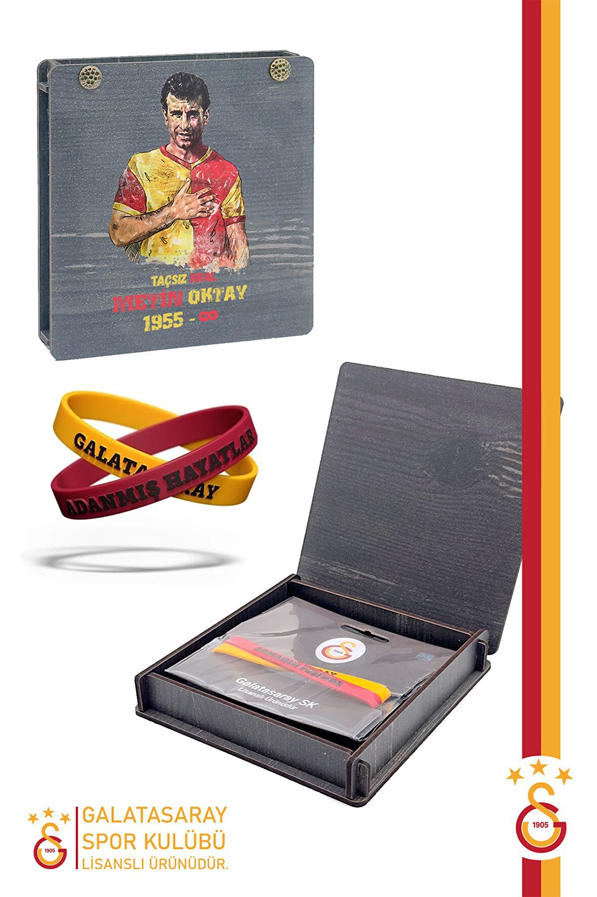 Galatasaray Orijinal Lisanslı 2'li Silikon Bileklik Metin Oktay Baskılı Hediyelik Ahşap Kutulu