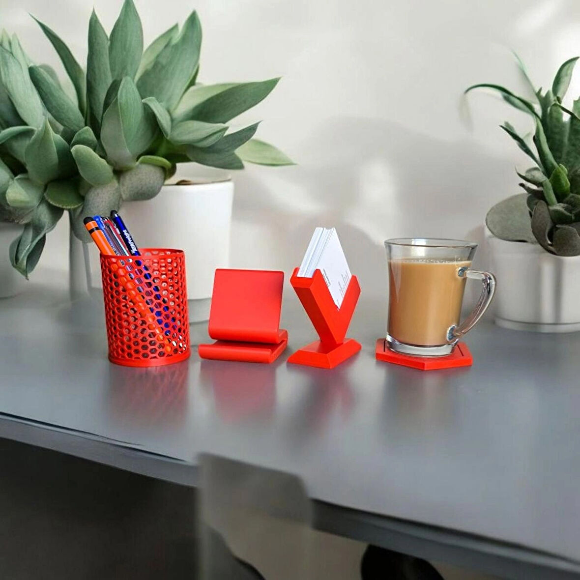 Masa üstü organizer/Kartvizitlik, Telefon standı, Kalemlik, Bardak altı/4 lü Masa üstü set.
