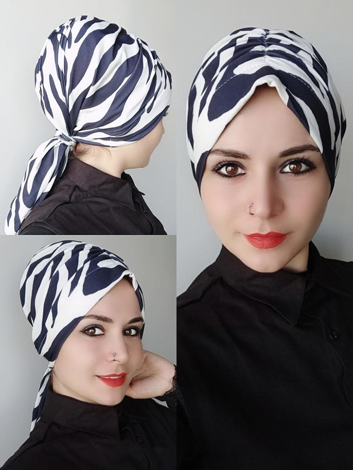 Kadın Desenli Şal Toka Bone Zebra Lacivert