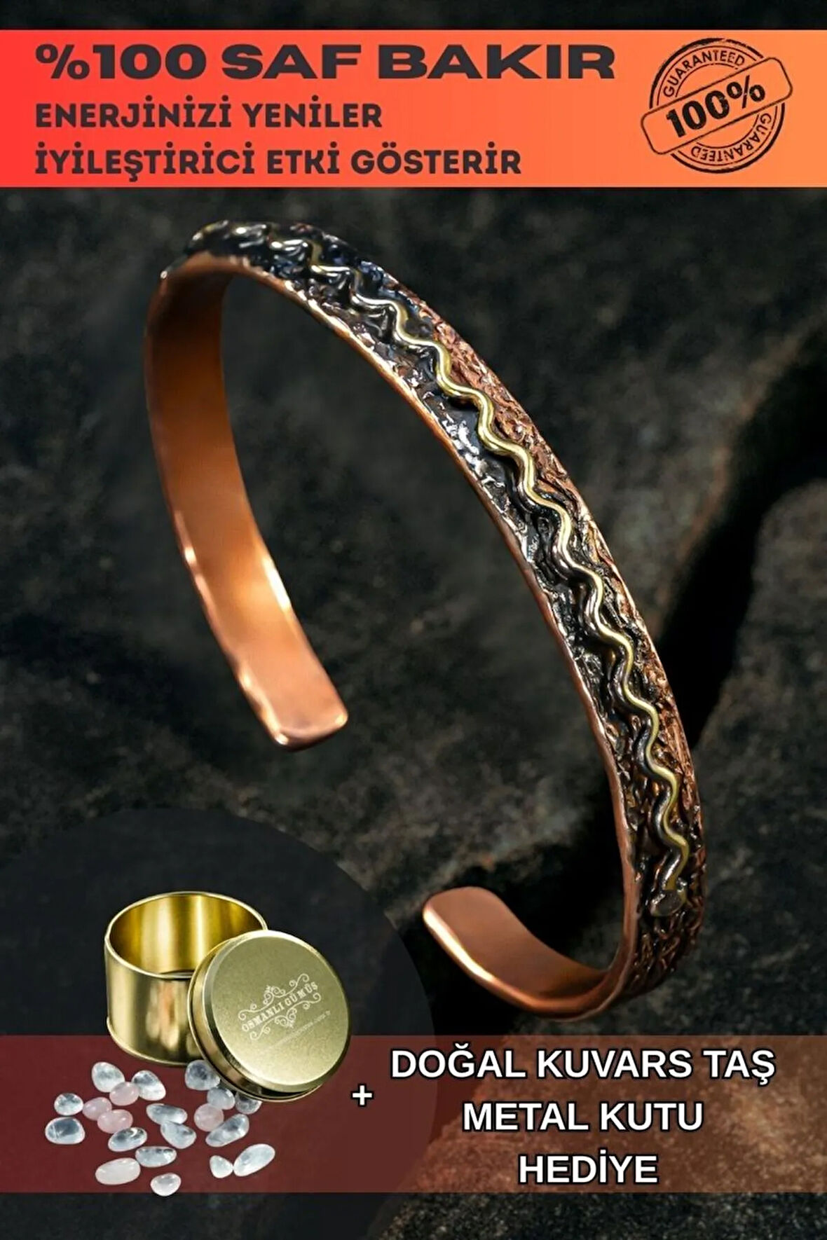 Copper Wave Bakır Kelepçe Bilezik Erkek Kadın Kuvars Taşı ve Metal Kutulu