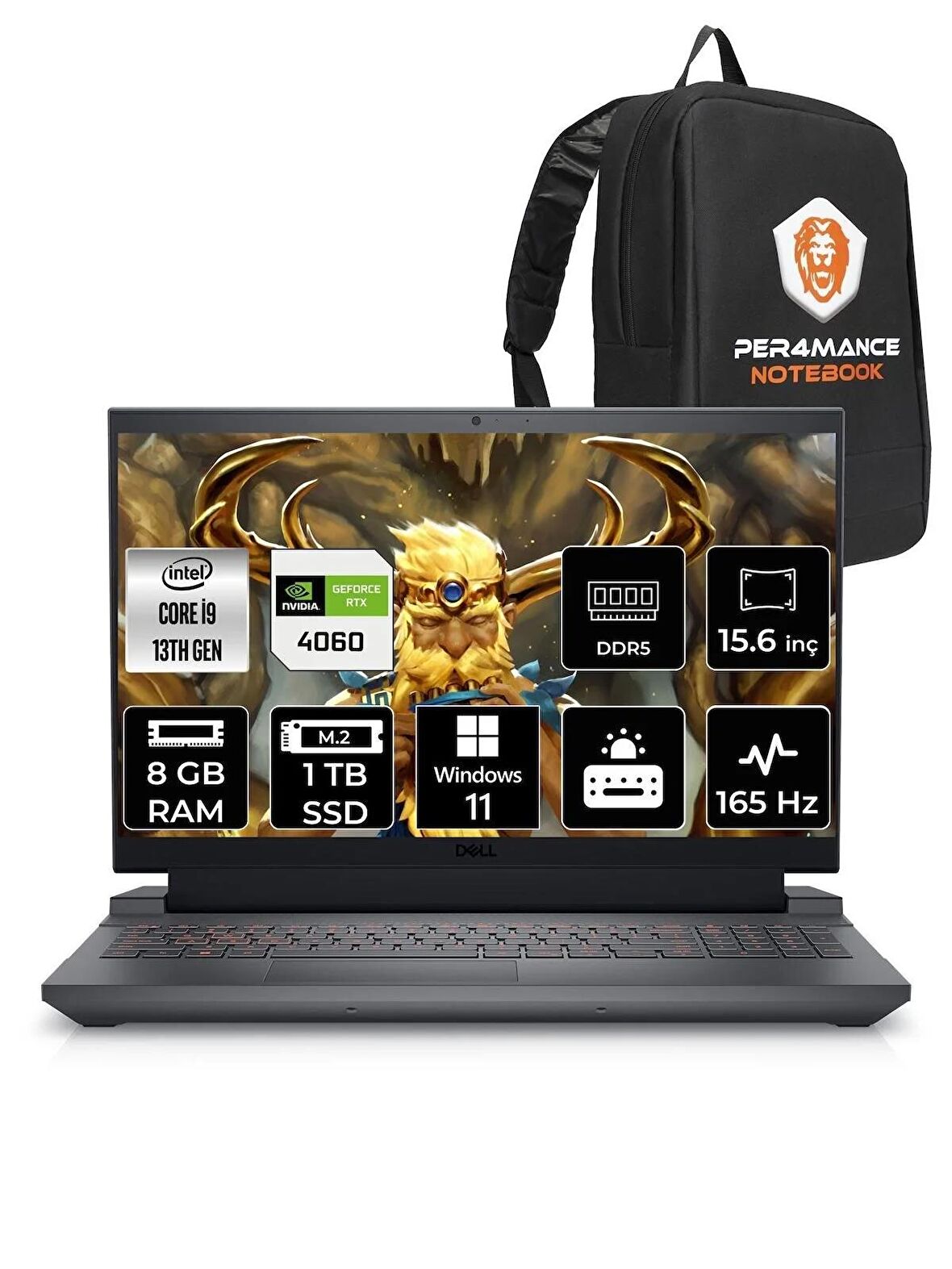 DELL G15 5530 i9 13900HX 8GB 1TB SSD RTX4060/8GB 165HZ 15.6" FHD W11P G55302401017U & PER4 ÇANTA