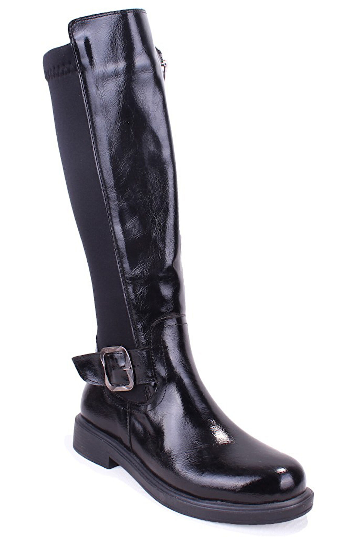 Dagoster DZA07-8965545 Siyah Kırışık Rugan Streçli Düz Topuklu  Kadın Çizme