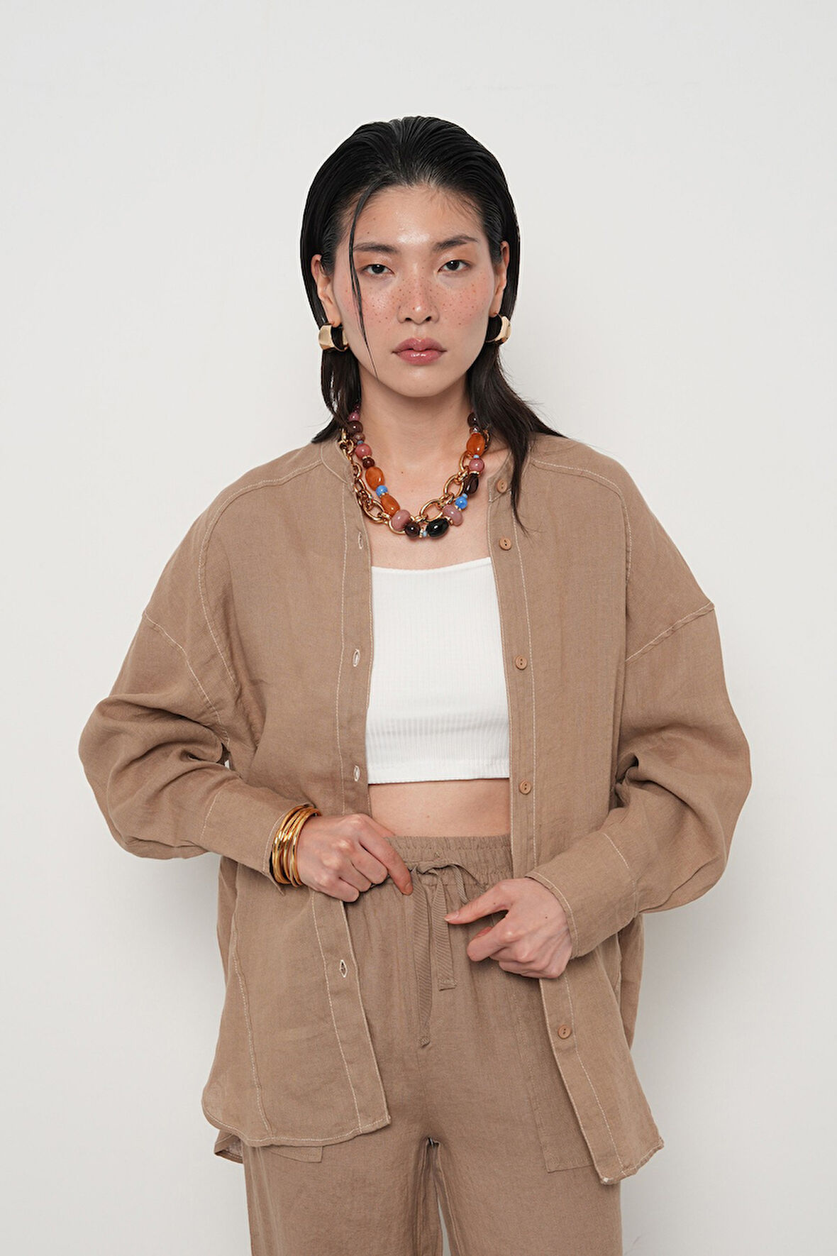 KADIN %100 KETEN HAKİM YAKA İP DETAYLI GÖMLEK