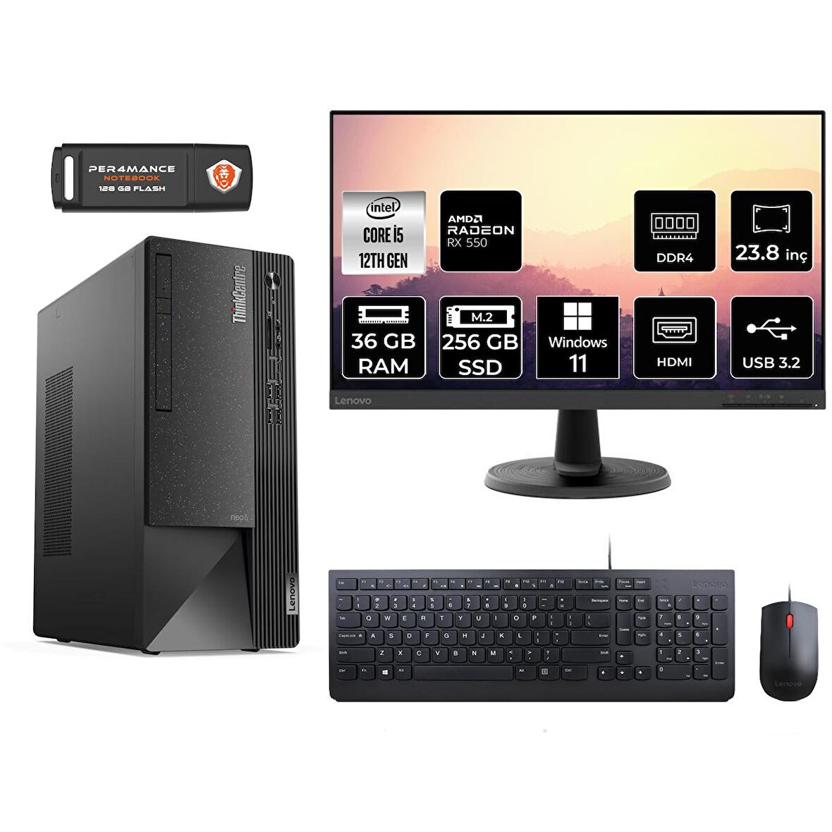 Lenovo ThinkCentre Neo 50T i5 12400 36GB 256GB SSD RX550/4GB W11P 11SE00BJTX MASAÜSTÜ PC & 23.8" MONİTÖR
