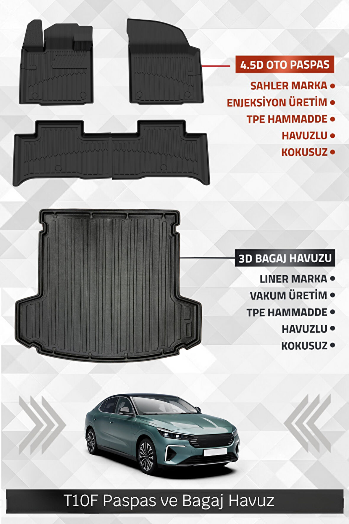 Sahler Togg T10F 2025+ Uyumlu 4.5D Premium Havuzlu Oto Paspas ve Liner Marka 3D Bagaj Havuzu