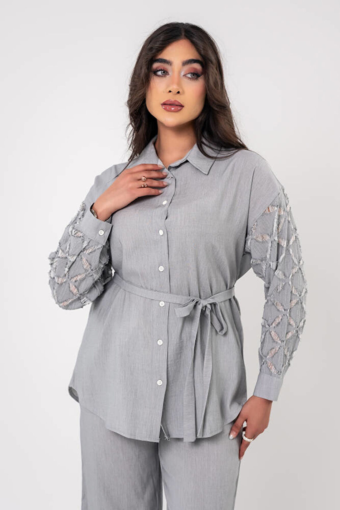 Yıpratma Detaylı Oversize  Gömlek Pantolon Takım TKM16052