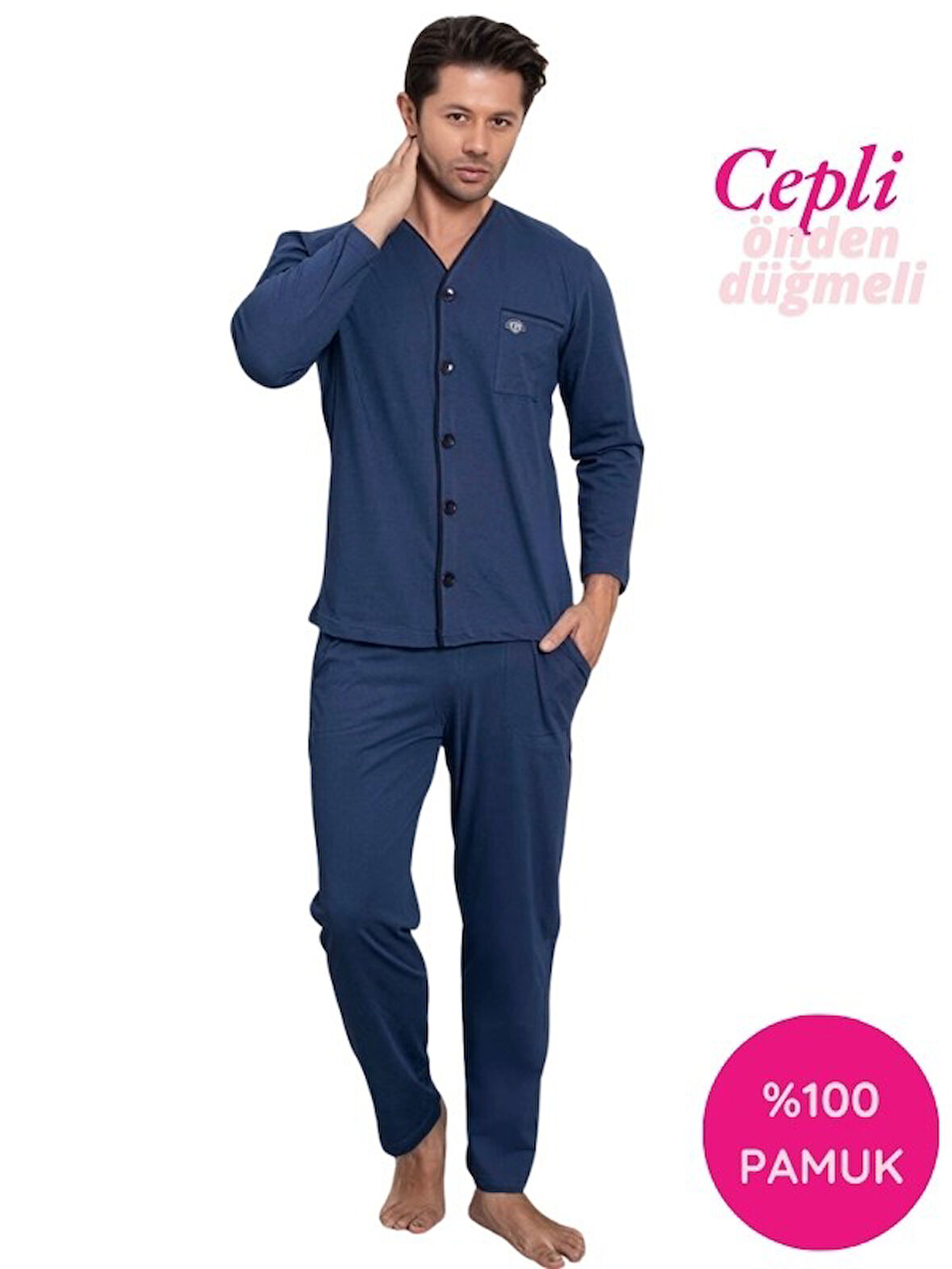 Erkek V Yaka Öden Düğmeli Göğüs Cepli %100 Pamuk Uzun Kol Cepli Pijama Takımı-Dede Hastane Pijaması
