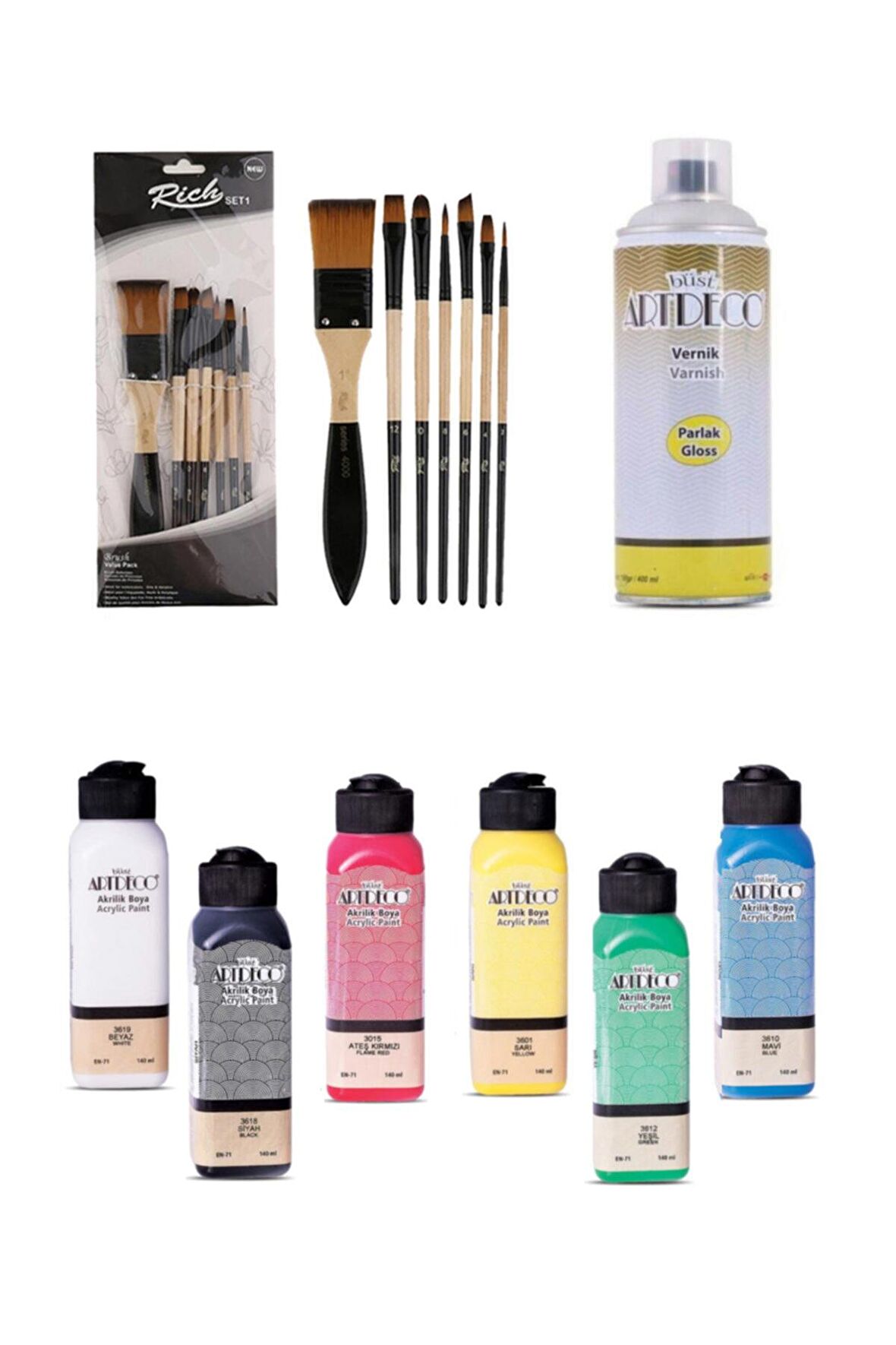 Artdeco 6x140 Ml Akrilik Boya + Rich 7'li Karma Fırça Seti + Artdeco 400 Ml Parlak Sprey