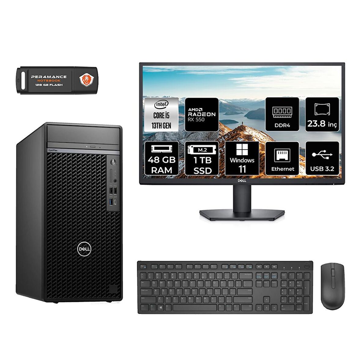 Dell OptiPlex 7010MT i5 13500 48GB 1TB SSD RX550/4GB W11H N010O7010MTU MASAÜSTÜ PC & 23.8" MONİTÖR