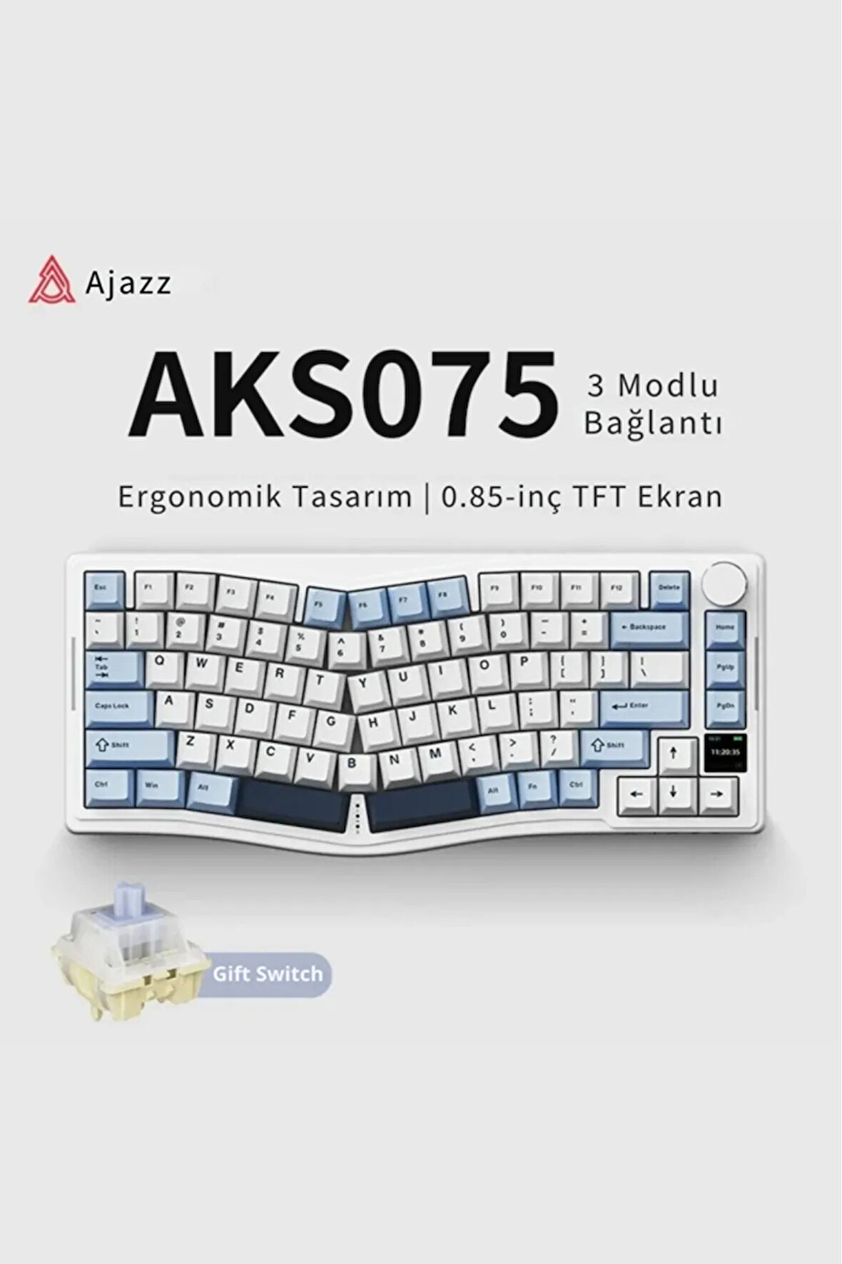 AKS075 Ergonomik Gift Switch-Mekanik Klavye-BT5.1/2.4GWireless/USB-Hot Swap Dinamik RGB - Mavi