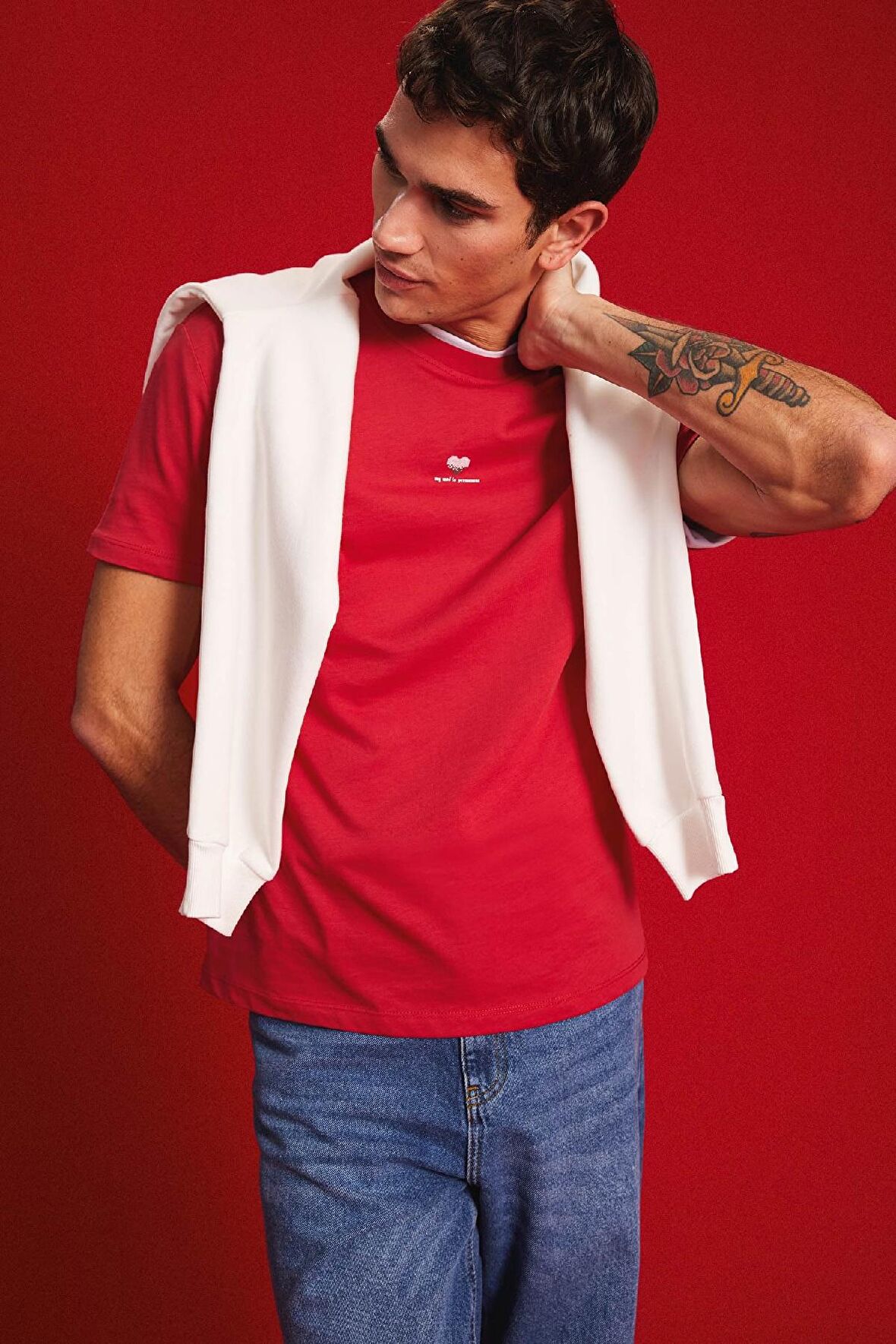 DeFacto %100 Pamuk Regular Fit Bisiklet Yaka Kalp Baskılı Kısa Kollu Kırmızı Tişört D5156AX25SPBR493