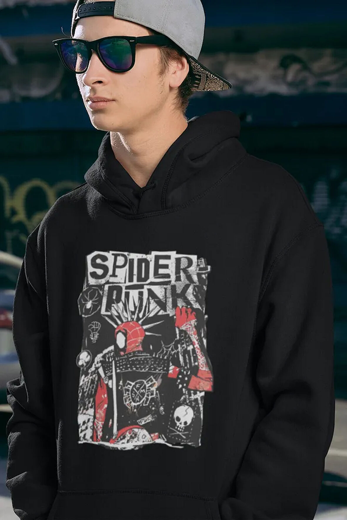 Özel Tasarım Spider-Punk Baskılı Unisex Oversize Hoodie