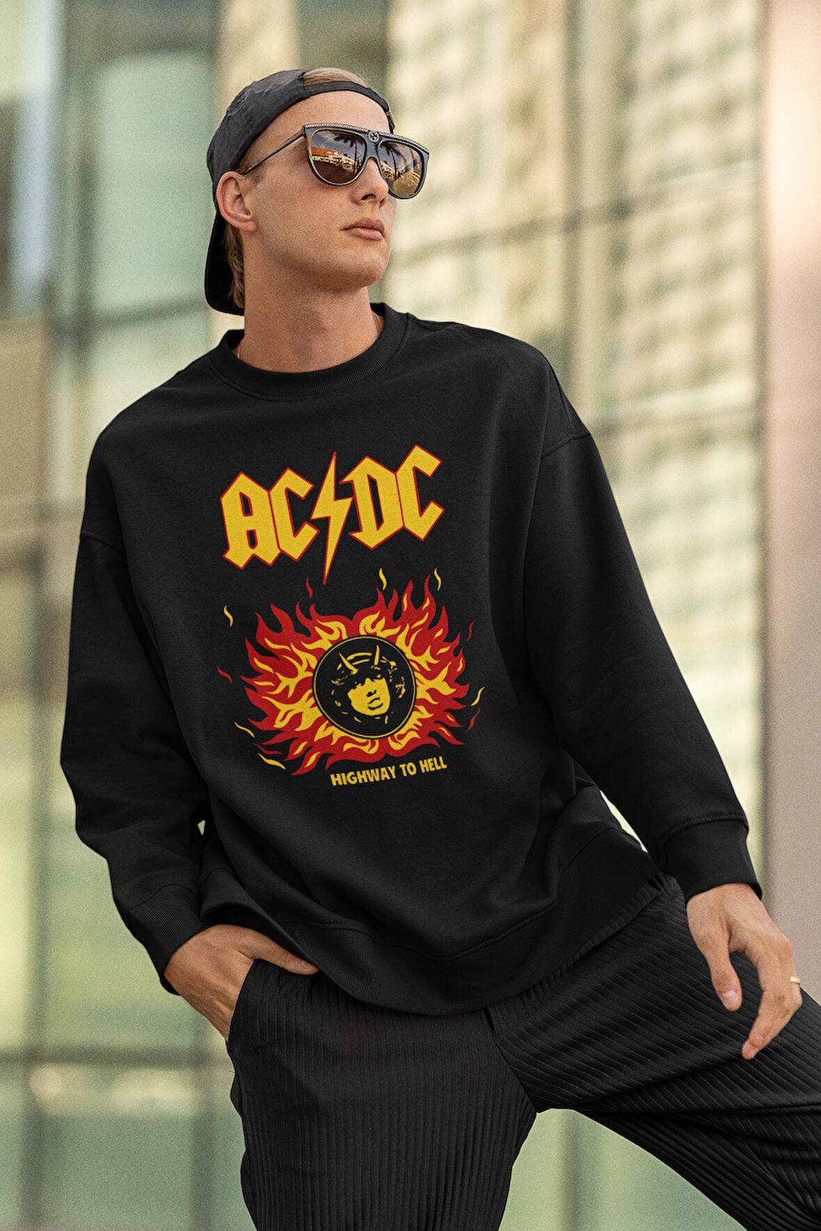 AC DC Highway To Hell Baskılı Unisex Sweatshirt, Oversize Rock Metal Sweatshirt