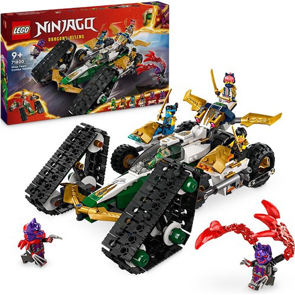 LEGO® NINJAGO® Ninja Ekibi Kombo Araç 71820 # 9 Yaş ve Üzeri İçin Planör, Yarış Arabası ve 2 Motosiklet İçeren 4#ü 1 Arada Yaratıcı Oyuncak Yapım Seti (576 Parça)