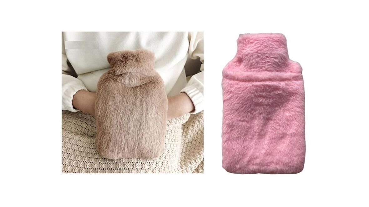 Sıcak Su Torbası Yan Cepli Pembe  Peluş Termofor 26X17X2Cm  750Ml