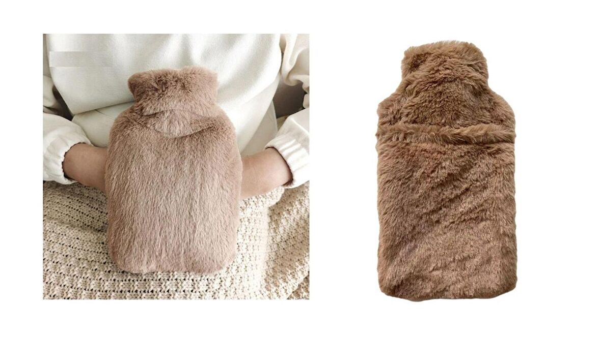 Sıcak Su Torbası Yan Cepli Bej  Peluş Termofor 26X17X2Cm  750Ml