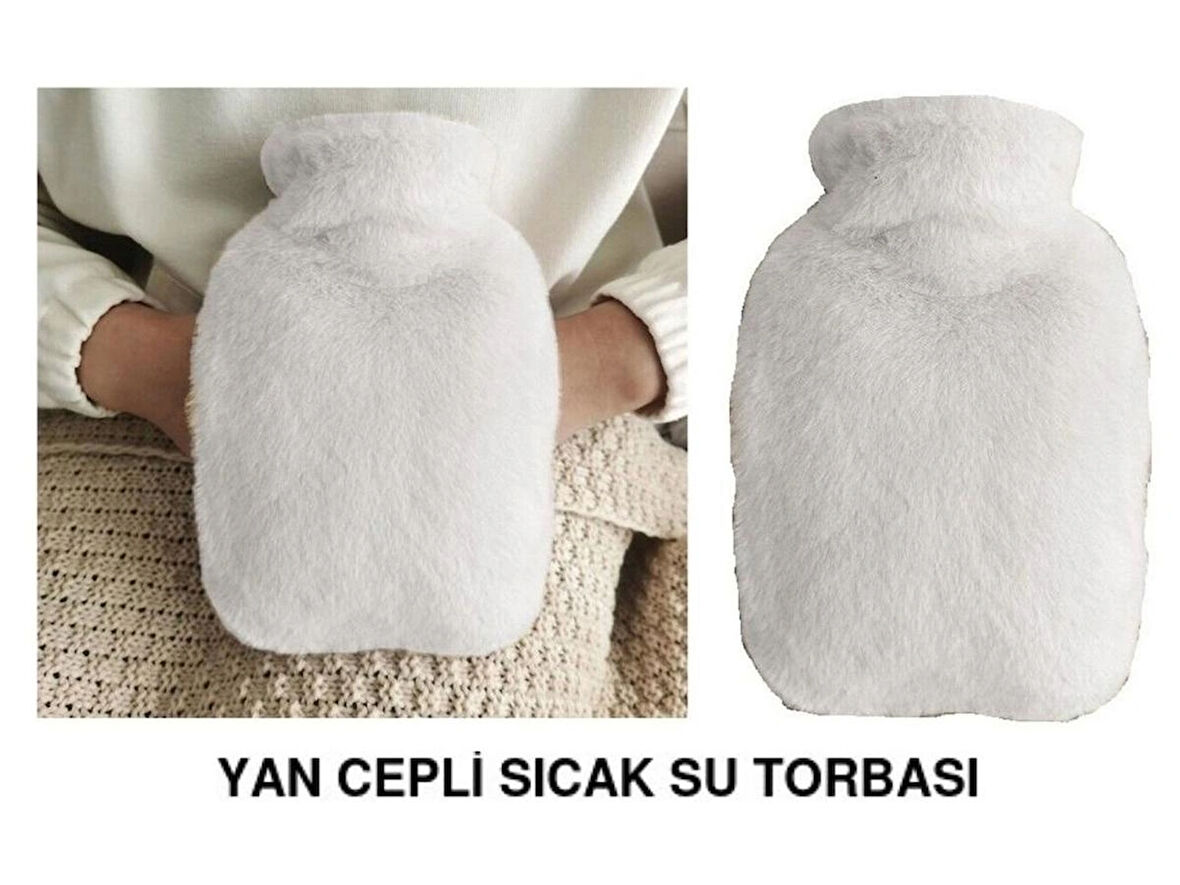 SICAK SU TORBASI YAN CEPLİ BEYAZ  PELUŞ TERMOFOR 27x17x2cm  750ml