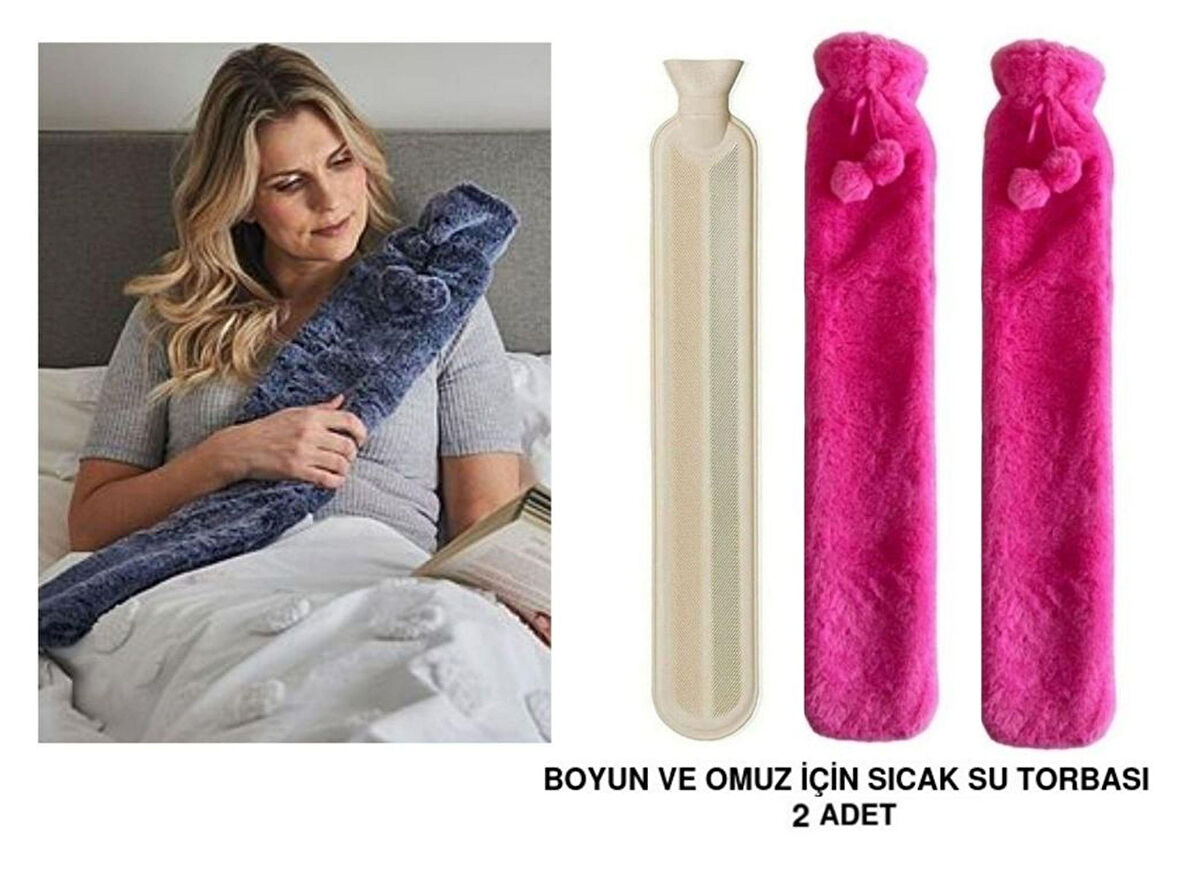 SICAK SU TORBASI 2 ADET,BOYUN VE OMUZ ICIN  UZUN PELUŞ PEMBE PONPONLU 2LT TERMOFOR 75x13CM