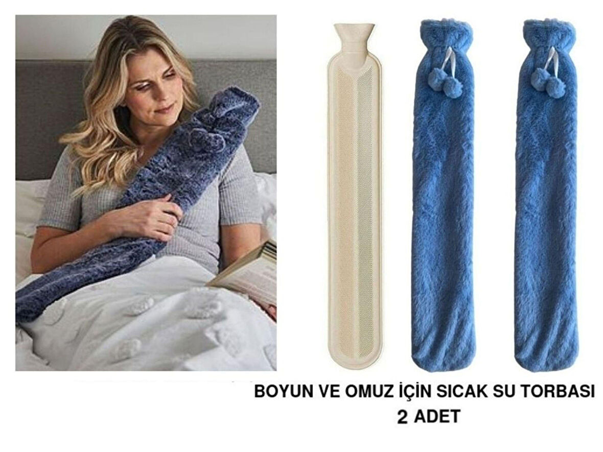 SICAK SU TORBASI 2 ADET,BOYUN VE OMUZ ICIN  UZUN PELUŞ MAVİ PONPONLU 2LT TERMOFOR 75x13CM