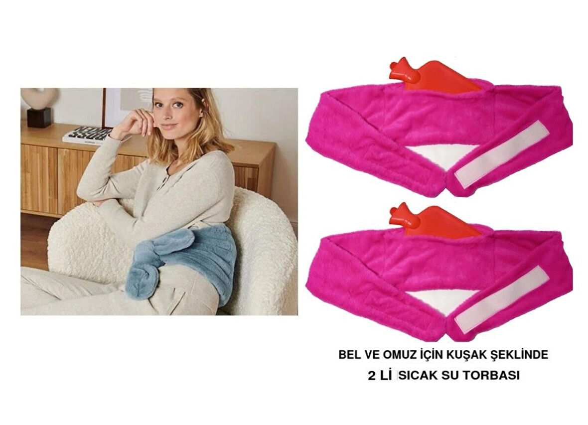 SICAK SU TORBASI 2 ADET,BEL VE OMUZ ICIN KUSAK SEKLINDE PELUŞ PEMBE TERMOFOR 1500ML 160x22CM