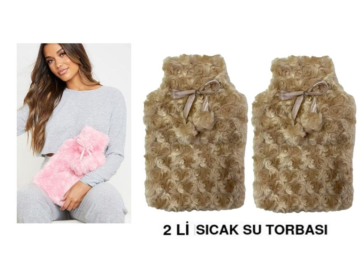 SICAK SU TORBASI 2 ADET,PONPONLU TERMOFOR PELUŞ BEJ  28x17CM 750ml
