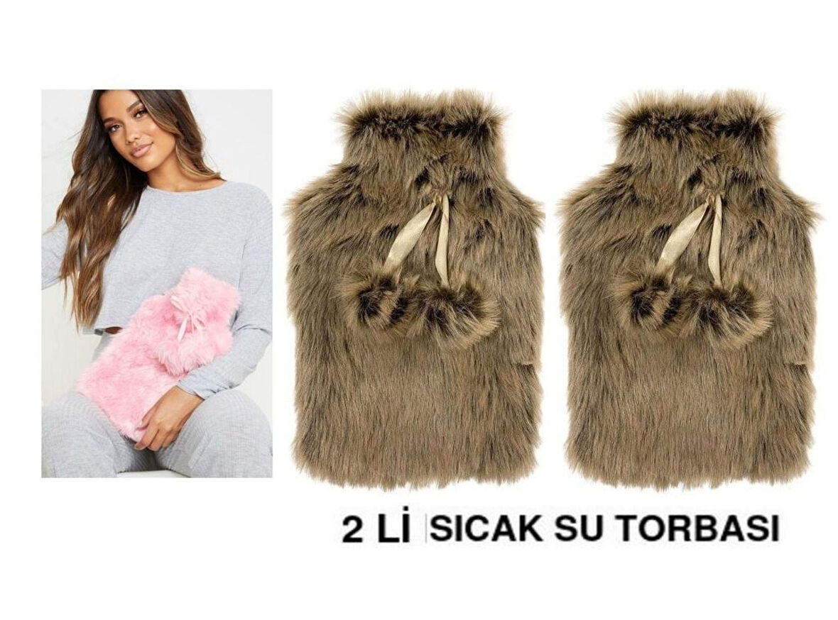 SICAK SU TORBASI 2 ADET,PELUŞ PONPONLU KAHVERENGİ 28x18x2cm 1 Litre