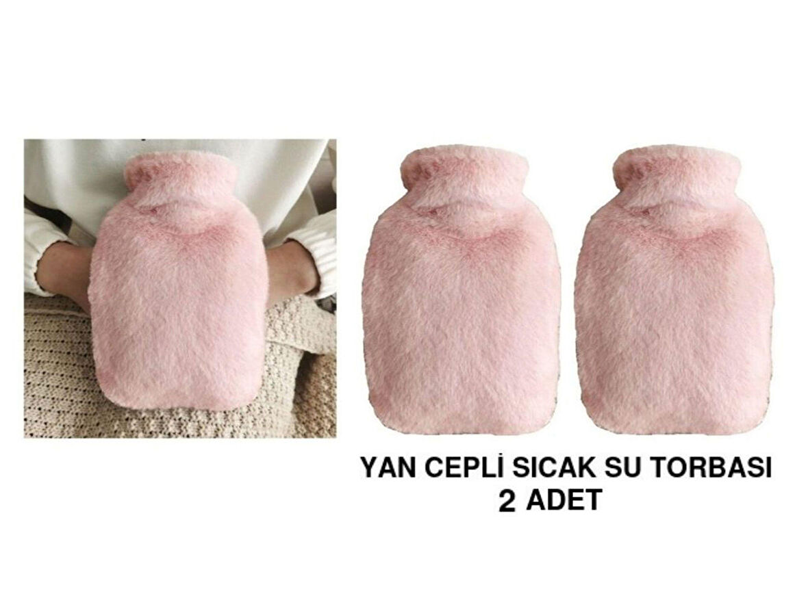 SICAK SU TORBASI 2 ADET,YAN CEPLİ PEMBE PELUŞ TERMOFOR 27x17x2cm  750ml