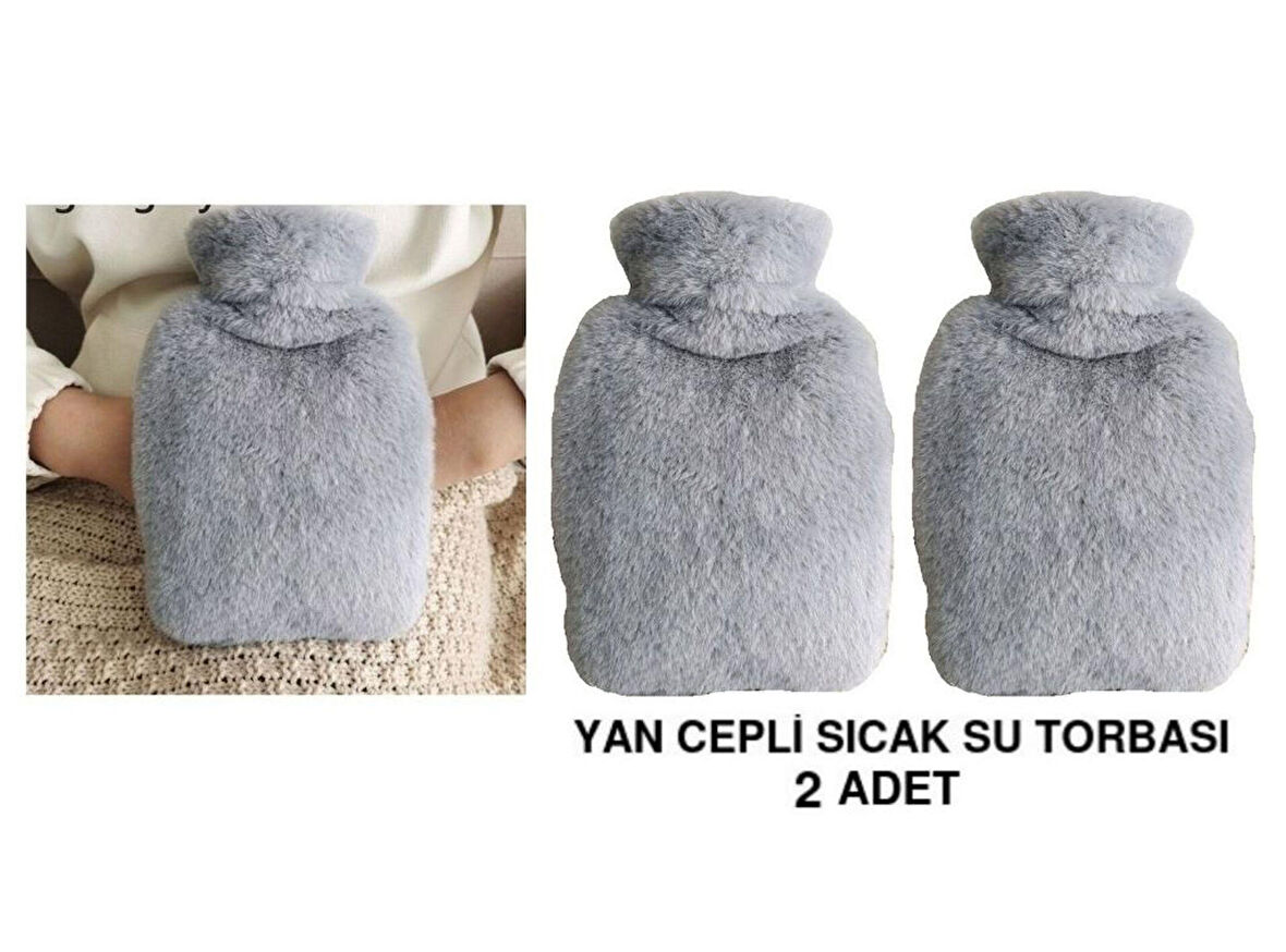 SICAK SU TORBASI 2 ADET,YAN CEPLİ GRİ PELUŞ TERMOFOR 27x17x2cm  750ml