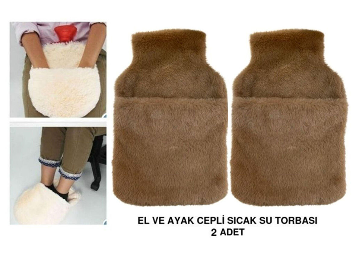SICAK SU TORBASI 2 ADET,CEPLİ KAHVERENGİ PELUŞ TERMOFOR 32,5x17,5cm  1500 ML