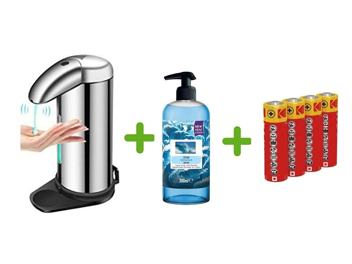 SENSÖRLÜ FOTOSELLİ SIVI SABUNLUK,PİLLER DAHİL 14X10X22CM VE BİR ADET 500 ML SIVI SABUN OKYANUS KOKULU