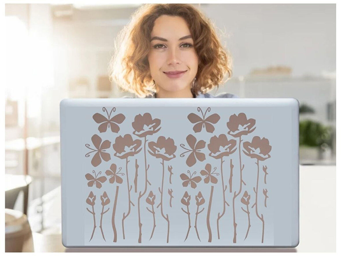 DEFTER STİCKER,LAPTOP STİCKER GRİ ÇİÇEKLİ  PVC 48X33X0,5CM