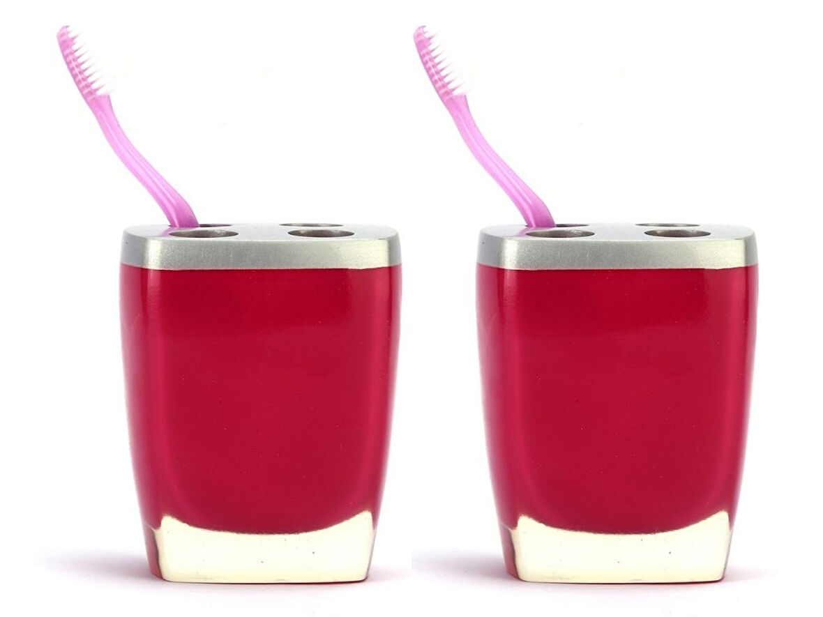 2 ADET DİŞ FIRÇALIK GRİ PEMBE POLİRESİN 8X4X11CM BANYO SETİ