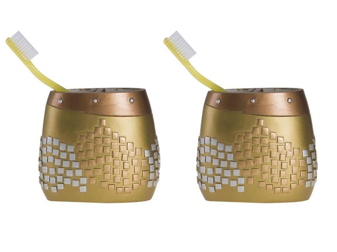 2 ADET DİŞ FIRÇALIK ALTIN MOZAİK POLİRESİN 10X10X5CM BANYO SETİ