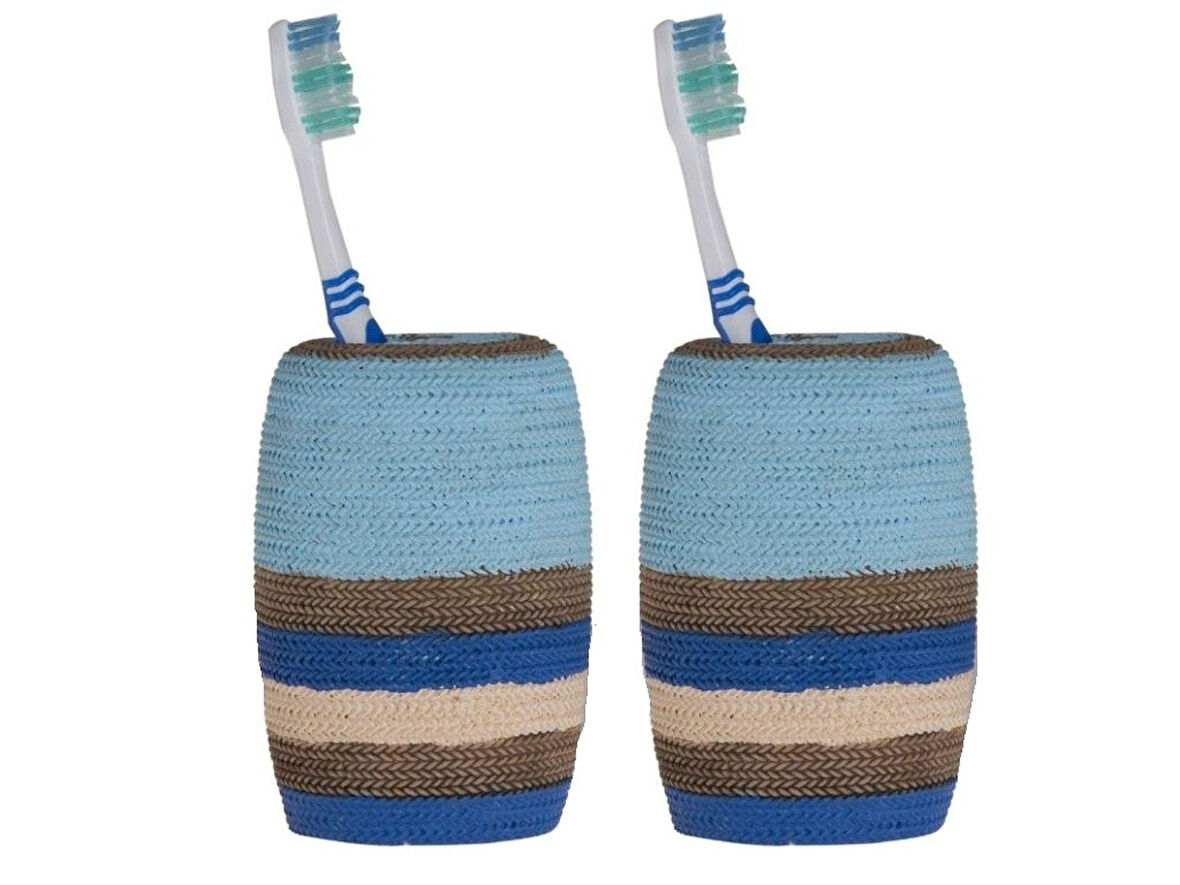 2 ADET DİŞ FIRÇALIK MAVİ ÖRGÜ POLİRESİN 7X7X11CM BANYO SETİ