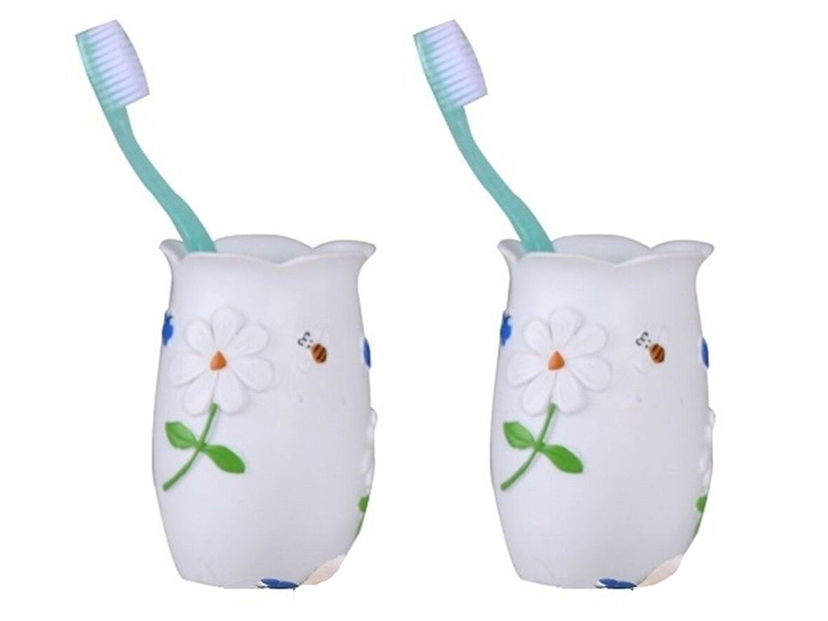 2 ADET DİŞ FIRÇALIK,MACUNLUK ÇİÇEKLİ POLİRESİN  7x7x10cm BANYO SETİ