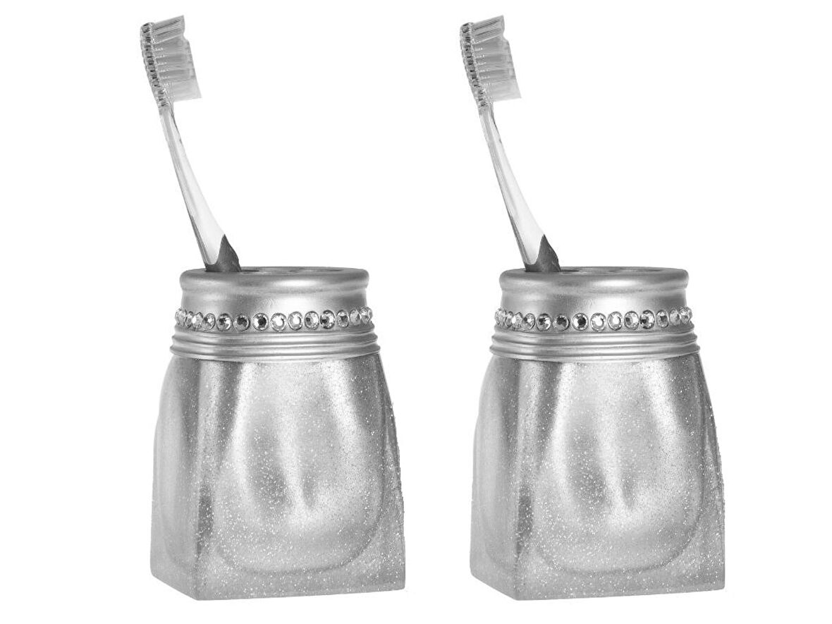 2 ADET DİŞ FIRÇALIK KRİSTAL TAŞLI GÜMÜŞ POLİRESİN 7X7X10CM BANYO SETİ
