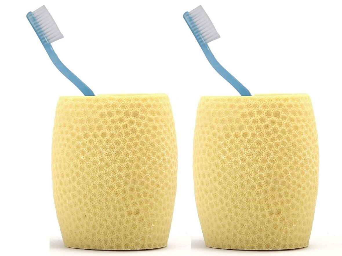 2 ADET DİŞ FIRÇALIK,MACUNLUK SARI PETEK DESENLİ POLİRESİN 8X8X10CM 400ML BANYO SETİ