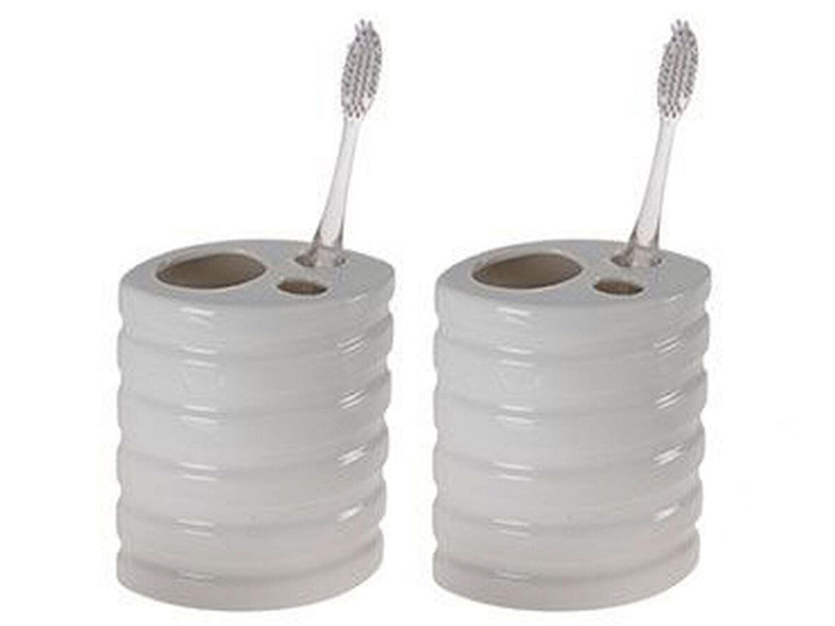 2 ADET SERAMİK DİŞ FIRÇALIK OVAL ÇİZGİLİ MODEL 9X6X11CM BANYO SETİ