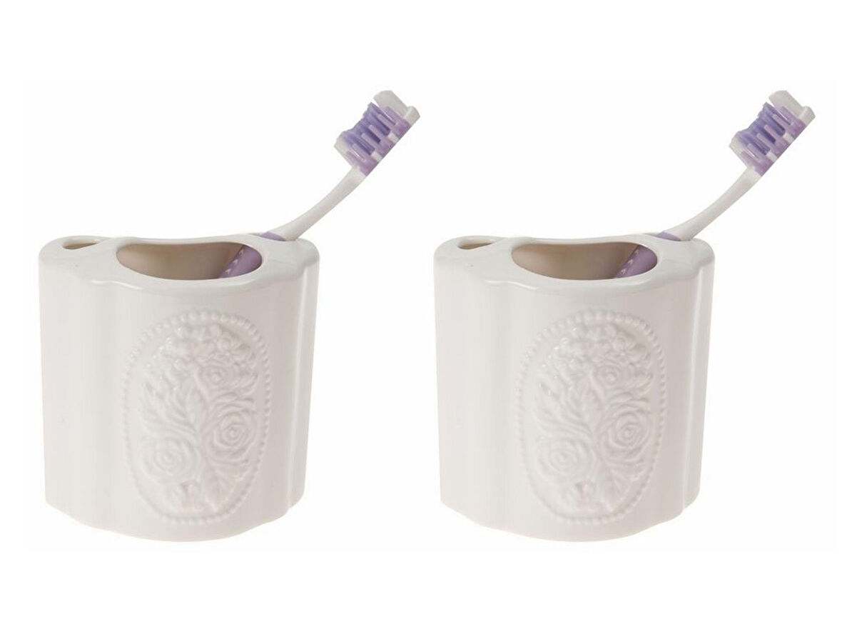 2 ADET SERAMİK DİŞ FIRÇALIK ÇİÇEKLİ OVAL MODEL 8X5X10CM BANYO SETİ