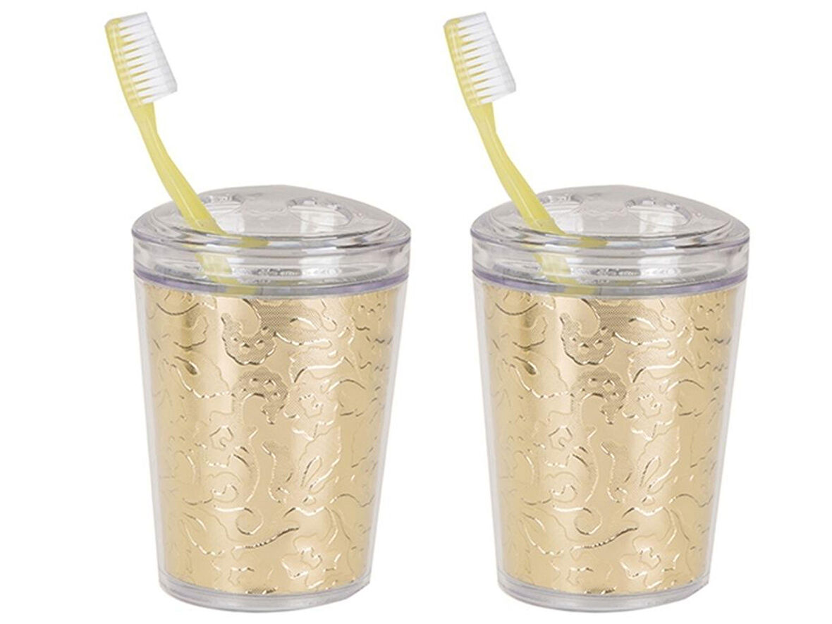 2 ADET DİŞ FIRÇALIK ALTIN YAPRAK AKRİLİK  9X9X12CM BANYO SETİ