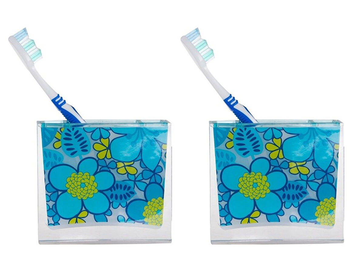 2 ADET DİŞ FIRÇALIK MAVİ ÇİÇEKLİ AKRİLİK 10X10X3CM BANYO SETİ