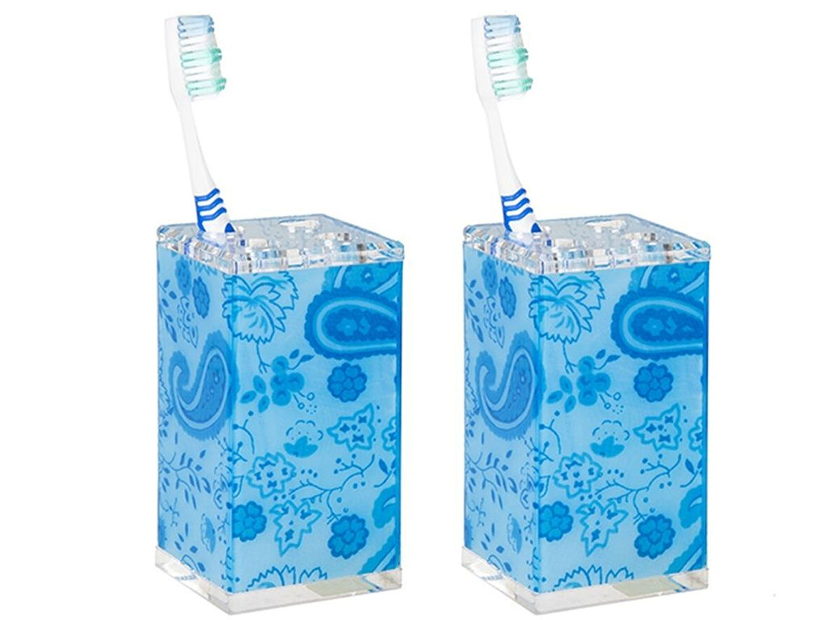 2 ADET DİŞ FIRÇALIK MAVİ ÇİÇEKLİ AKRİLİK 6X6X12CM BANYO SETİ
