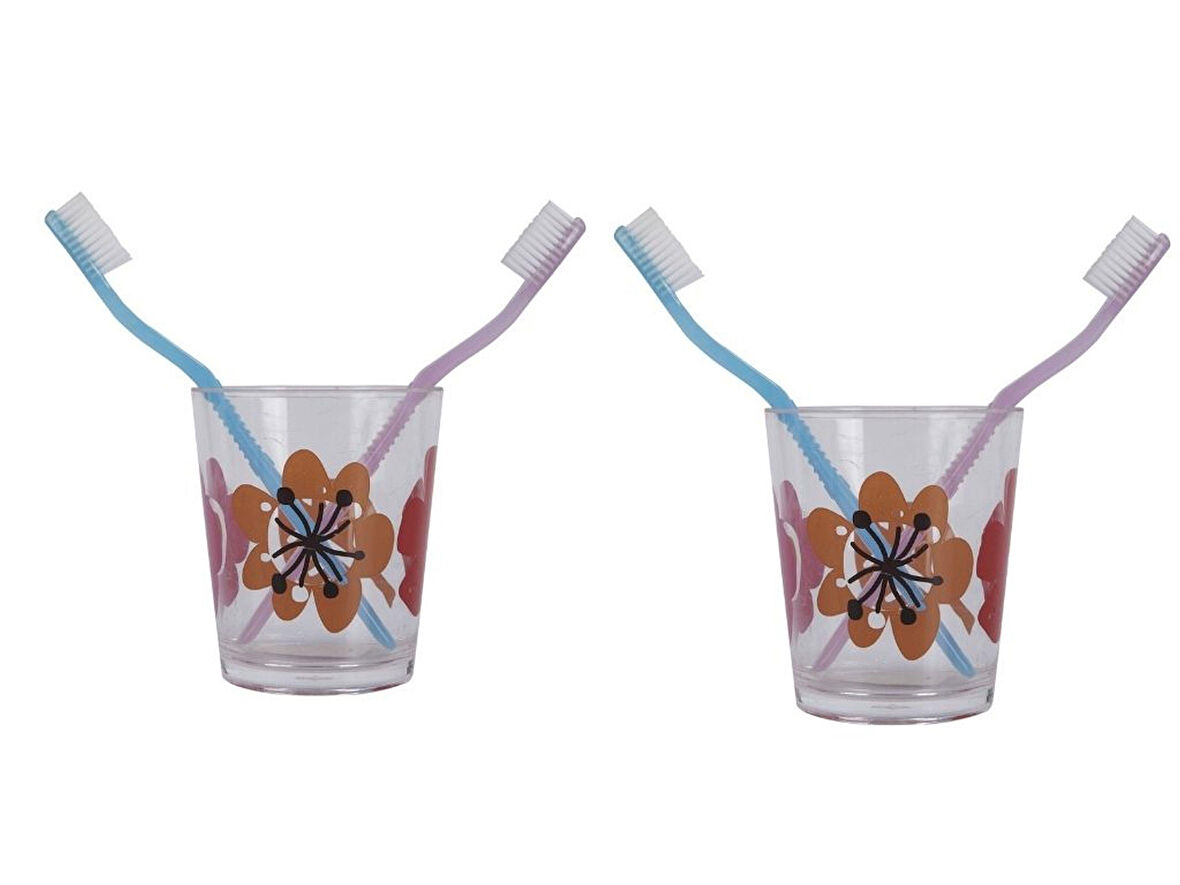 2 ADET DİŞ FIRÇALIK VE MACUN KABI KIRMIZI PAPATYA AKRİLİK 8X8X9CM  BANYO SETİ