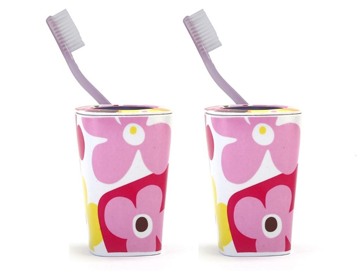 2 ADET DİŞ FIRÇALIK KIRMIZI PAPATYA MELAMİN 7X7X11CM BANYO SETİ