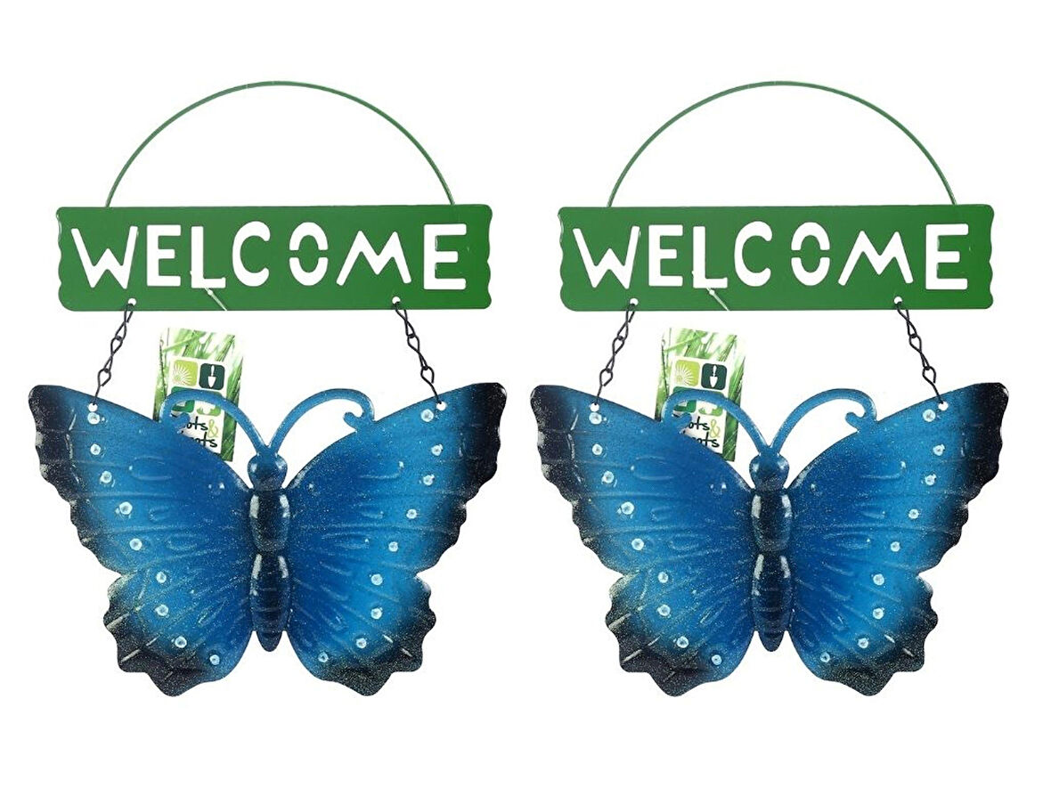 2 ADET BALKON VE BAHÇE HOŞGELDİNİZ TABELASI MAVİ KELEBEK 28X20X3CM