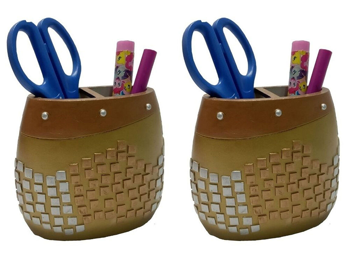 2 ADET KALEMLİK ALTIN MOZAİK POLİRESİN OFİS GERECİ  10X10X5CM