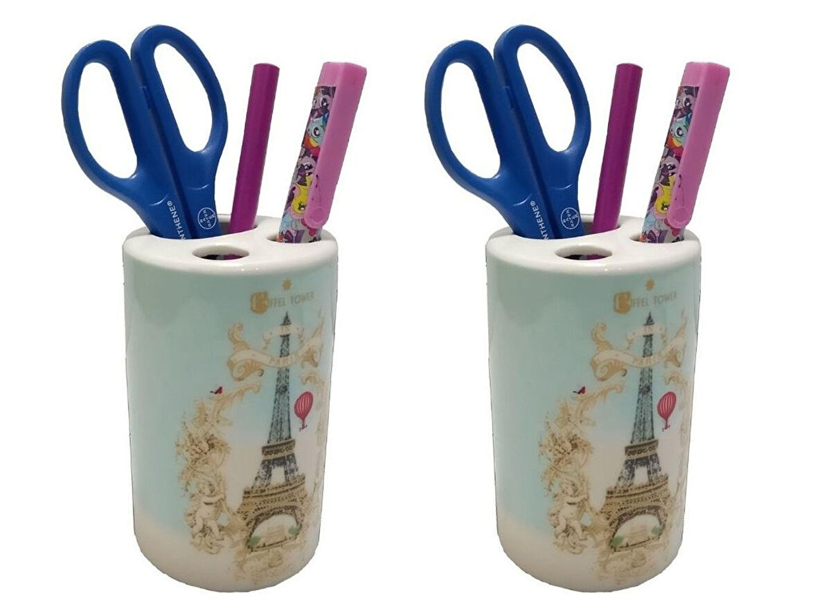 2 ADET KALEMLİK ROMANTİK YEŞİL MODEL SERAMİK OFİS GERECİ  7X7X11CM