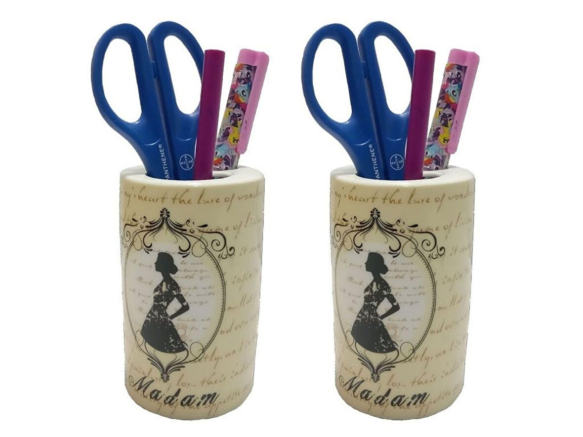 2 ADET KALEMLİK MADAM DESENLİ SERAMİK OFİS GERECİ  7X7X11CM